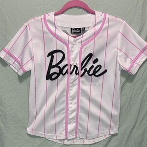 Barbie Kids Button Down Shirt - White with Pink Stripes